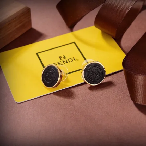 Fendi FF Karligraphy Logo Stud Earrings earrings Gold-tone metal with black embossed leather One Size