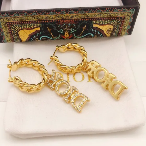 Dior DED0359 Dior Logo Chain Hoop Earrings earrings gold-tone metal with clear crystal pave accents 2 5cm hoop diameter 5cm total drop length
