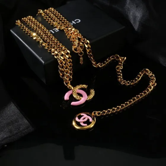 Chanel CC Logo Double Chain Waist Chain Necklace necklace Gold-tone metal with pink enamel CC accents 80cm