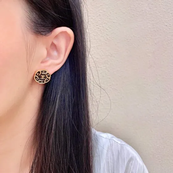 Chanel CC Logo Round Letter Button Stud Earrings earrings gold tone metal with black enamel 1 5cm diameter