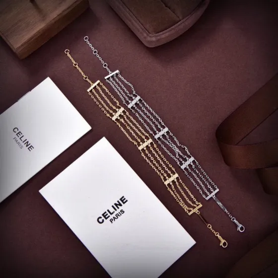 Celine Triomphe Multi bracelet 18k gold tone brass rhodium silver tone brass no gemstones 19cm with 3cm extension chain