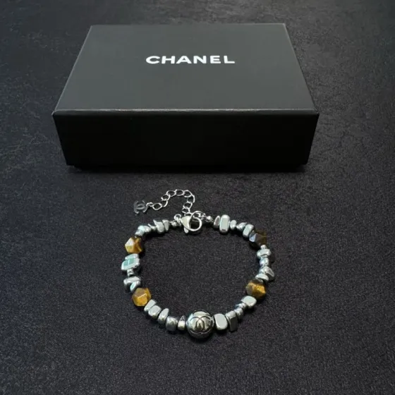 Chanel CC Logo Beaded Bracelet bracelet Silver-tone metal with golden brown tiger s eye beads 17cm with 3cm extension chain