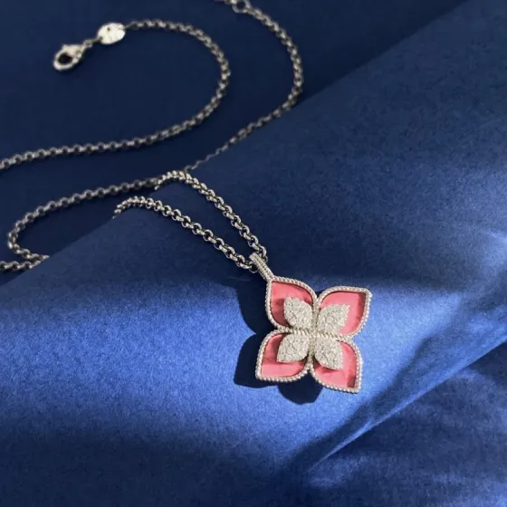 Roberto Coin Princess Flower necklace Silver-toned metal with pink rhodonite inlay and pave white diamonds 42cm