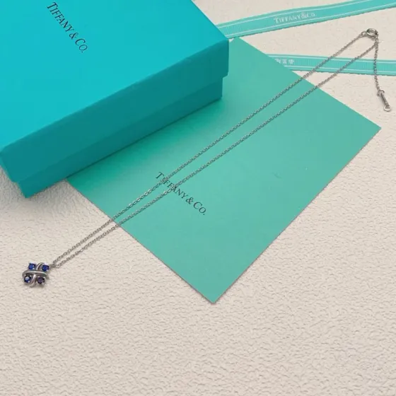 Tiffany Co Schlumberger Lynn necklace sterling silver with blue sapphire stones 40cm with 5cm extender