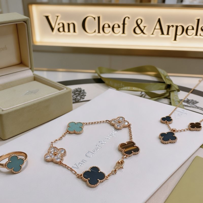 Van Cleef Arpels Alhambra bracelet Rose gold metal with turquoise diamond tiger s eye and dark blue stone accents 17cm