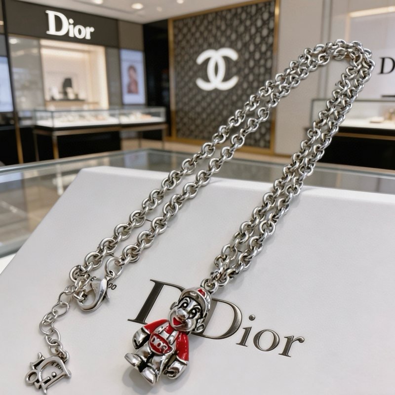 Dior Cartoon Character Pendant Chain Necklace necklace Silver-toned metal with red enamel accents 60cm