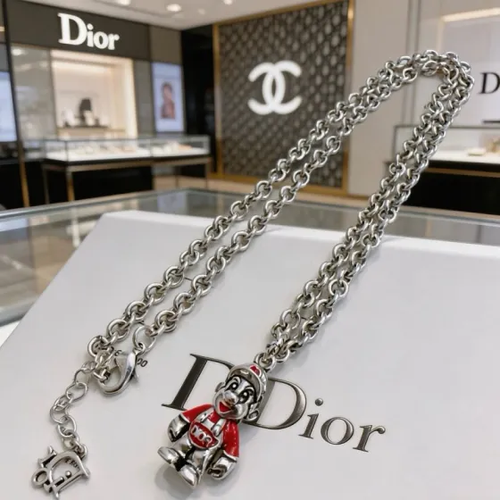 Dior Cartoon Character Pendant Chain Necklace necklace Silver-toned metal with red enamel accents 60cm