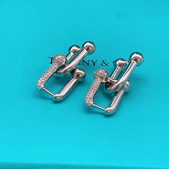 Tiffany Co HardWear earrings sterling silver with pave set clear diamonds 2 2cm length