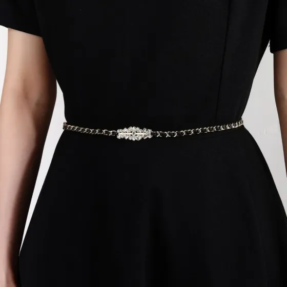 Chanel Goose series crystal CC chain waist chain necklace gold tone metal black leather clear crystal 80cm adjustable