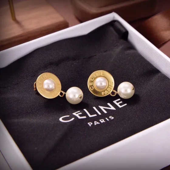 Celine Paris Logo Pearl Drop earrings gold-tone metal with white pearls 2cm drop length