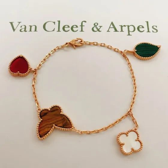 Van Cleef Arpels Lucky Alhambra bracelet Rose gold with red carnelian green malachite brown tiger s eye white mother-of-pearl 19cm