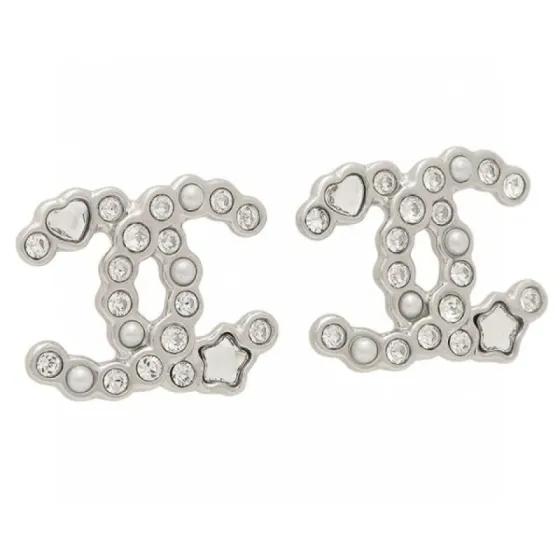 Chanel CC Logo Heart Star Crystal Pearl Stud Earrings earrings Silver-toned metal with clear crystals white faux pearls and mother-of-pearl heart and star accents 1 5cm width per earring