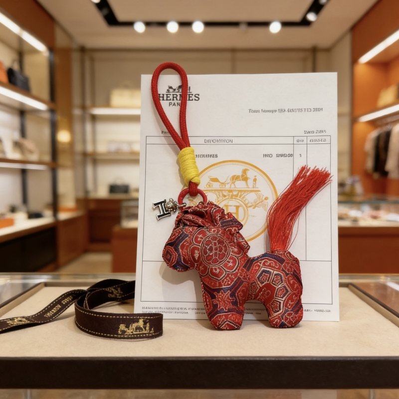 Hermes Rodeo Horse Charm pendant Red fabric with navy and gold traditional patterns red cord yellow cord wrap silver-tone H charm red tassel 8cm