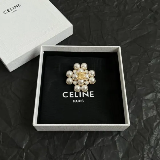 Celine Triomphe Pearl Flower brooch gold-tone metal cream white faux pearl clear crystal 3cm diameter