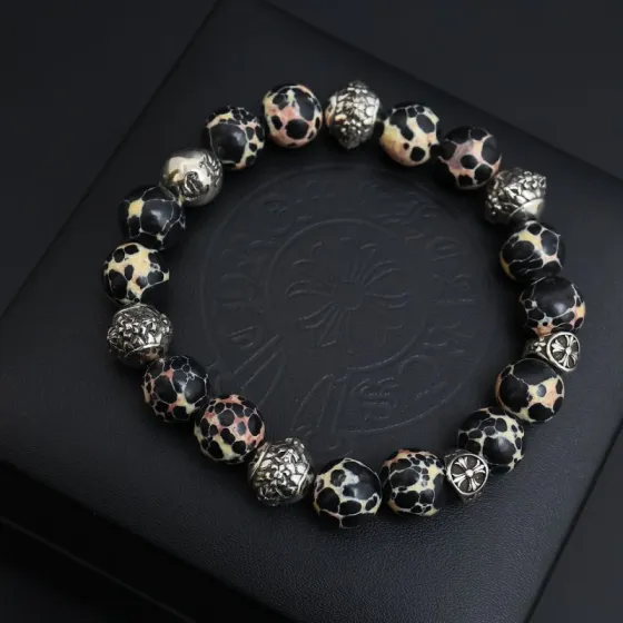Chrome Hearts Beaded Cross Bracelet bracelet Sterling silver with dalmatian jasper white with black spots and black patterned stone with cream pink accents 19cm