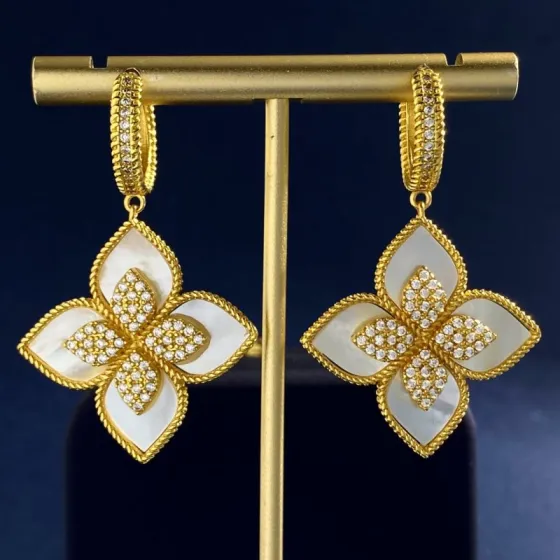 Roberto Coin Venetian Princess earrings Yellow gold with white mother-of-pearl blue lapis lazuli turquoise and clear diamond accents 3 8cm drop length