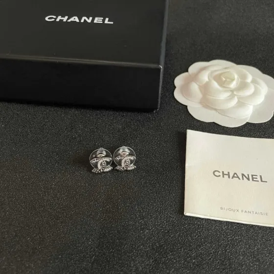 Chanel CC Logo Stud Earrings earrings Silver-toned metal with clear crystal accents One Size 1cm width