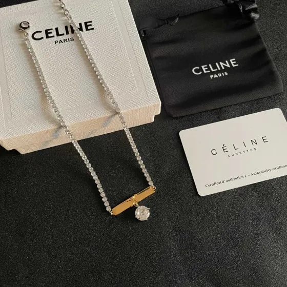 Celine Triomphe Bar Crystal Pendant Tennis Necklace necklace Two-tone silver-toned and gold-toned metal with clear faceted crystals 40cm