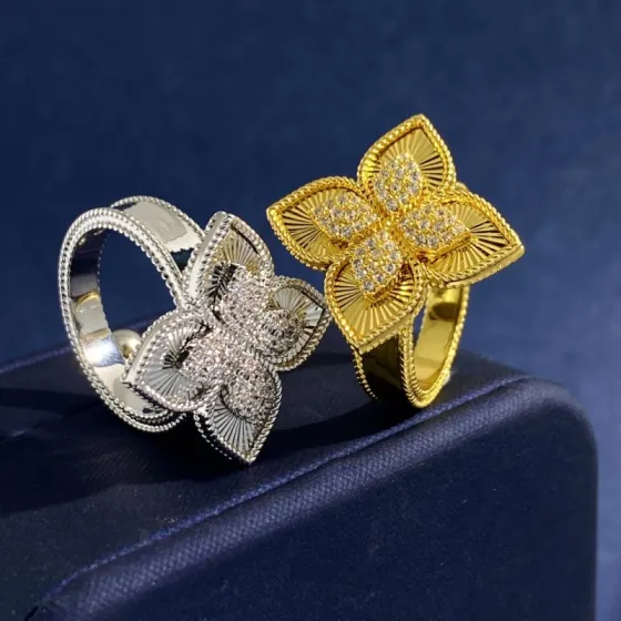 Van Cleef Arpels Alhambra ring 18k yellow gold with clear diamonds 18k white gold with clear diamonds adjustable open size