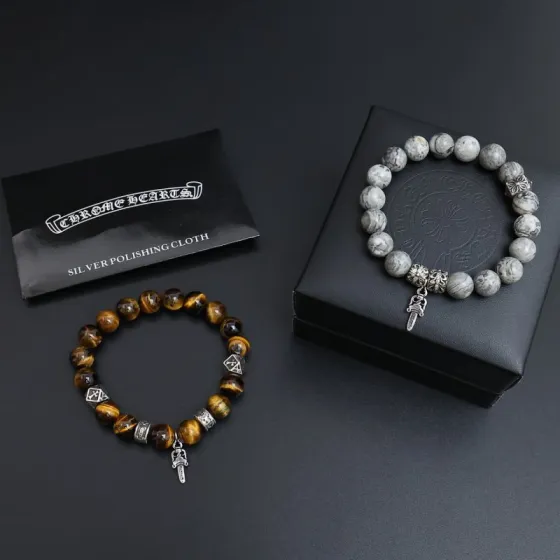 Chrome Hearts Dagger Charm Beaded Bracelet bracelet Sterling silver with gray map stone tiger s eye stone 19cm