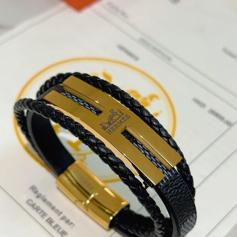Hermes Anger Forest bracelet gold-tone metal black braided leather black grained leather 20CM