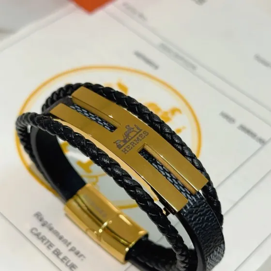 Hermes Anger Forest bracelet gold-tone metal black braided leather black grained leather 20CM