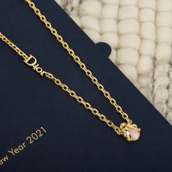 Dior 2021 New Year Ladybug necklace gold-tone metal with pink opalescent stone and clear crystal accent 42cm with 5cm extender