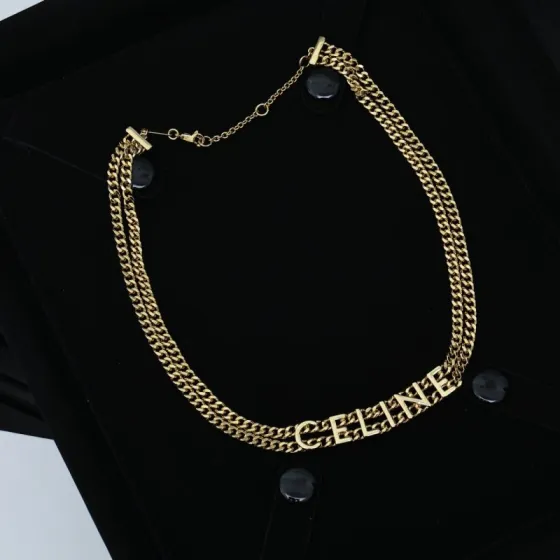 Celine PRECLOUS Logo Double Chain Choker necklace gold-tone metal 40cm with 5cm extender