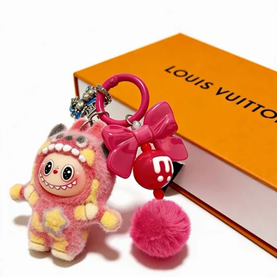 Louis Vuitton Anger Forest Custom Labubu Charm Keychain pendant Hot pink enamel and plush red enamel silver-tone metal yellow plush accents blue enamel charm white enamel details 3 5cm ring diameter 10cm total drop length