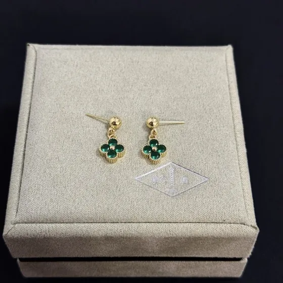 Van Cleef Arpels Alhambra earrings yellow gold metal with emerald green gemstones 10mm pendant drop