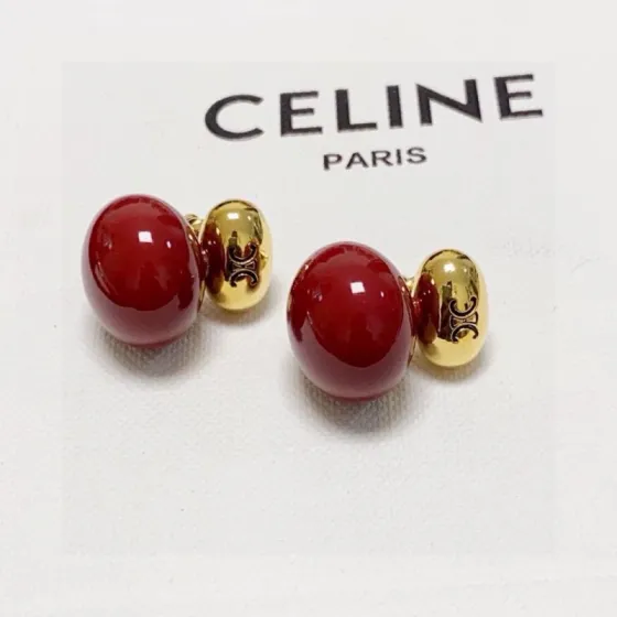 Celine Triomphe Double Bead Stud Earrings earrings gold-tone metal with deep red resin beads 1 2cm total length per earring
