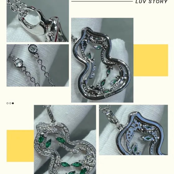 Qeelin Wulu Lace necklace silver-toned white gold with clear diamonds and green gemstones 42cm with 5cm extender