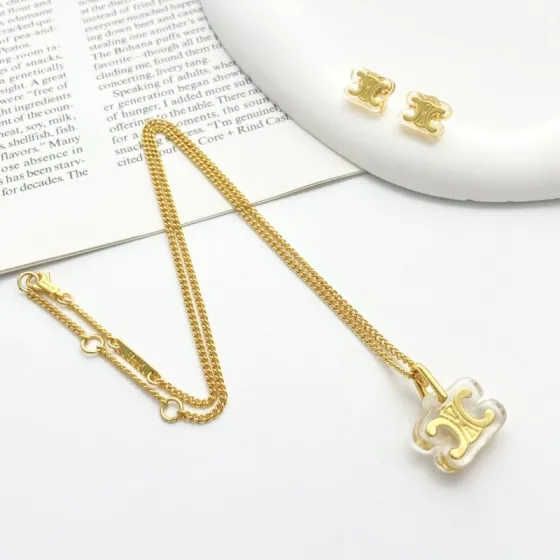 Celine Triomphe Resin Pendant necklace gold-tone metal with clear transparent resin 45cm with 5cm extender