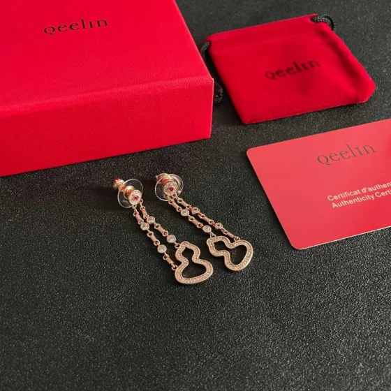 Qeelin Wulu earrings 18K rose gold white diamonds pink ruby 3 5cm drop length