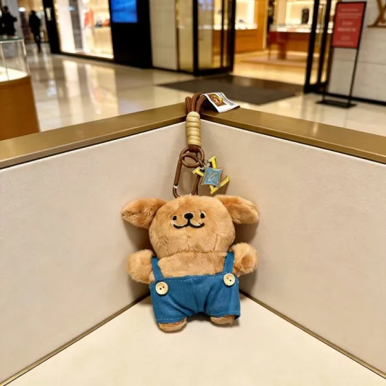 Louis Vuitton Anger Forest Plush Puppy Keychain Charm pendant Brown cord gold-tone metal hardware light blue enamel LV charm tan plush blue denim overalls 12cm total strap length