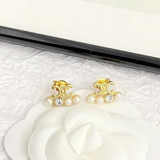 Celine Triomphe Pearl Crystal Stud Earrings earrings gold-tone metal white faux pearl clear crystal 1 2cm width per earring