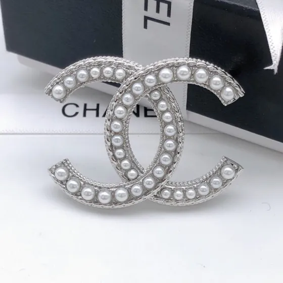 Chanel CC Logo Pearl Brooch brooch silver tone metal white faux pearl 3 5cm width