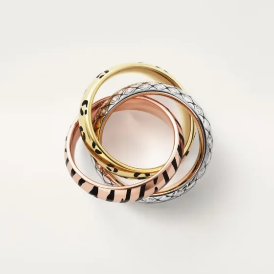 Cartier TRINITY ring 18k yellow gold with black leopard print lacquer 18k rose gold with black tiger stripe lacquer 18k white gold with diamond-set snake scale pattern 7