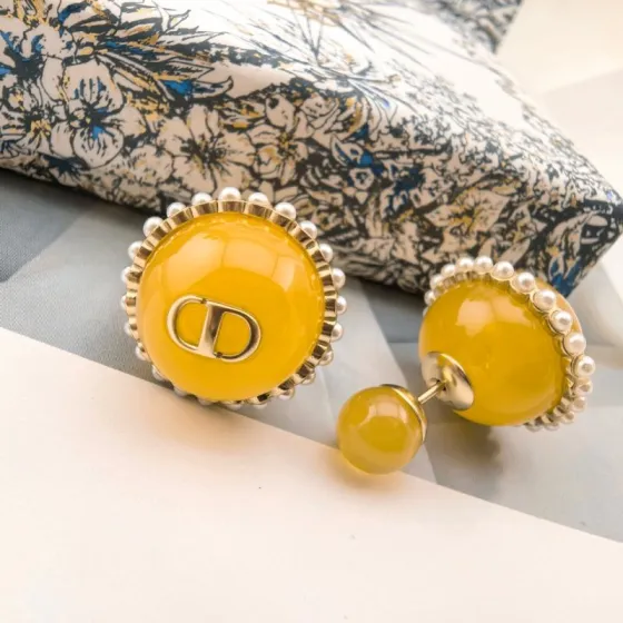 Dior Tribales earrings gold-tone metal yellow resin white faux pearl 2cm front bead diameter