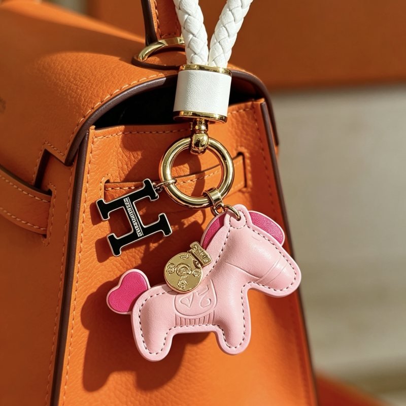 Hermes Rodeo Horse Charm Keychain pendant White braided leather strap gold-tone metal hardware black enamel H logo charm leather horse charm available in light pink or white with fuchsia pink accents gold-tone medallion charm 12cm total length braided strap 8cm