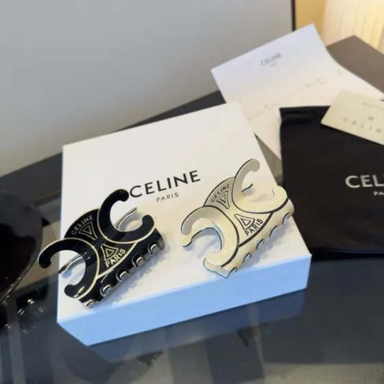 Celine Triomphe Paris Logo Hair Claw brooch Ivory enamel with silver-tone metal accents Black enamel with silver-tone metal accents 8cm