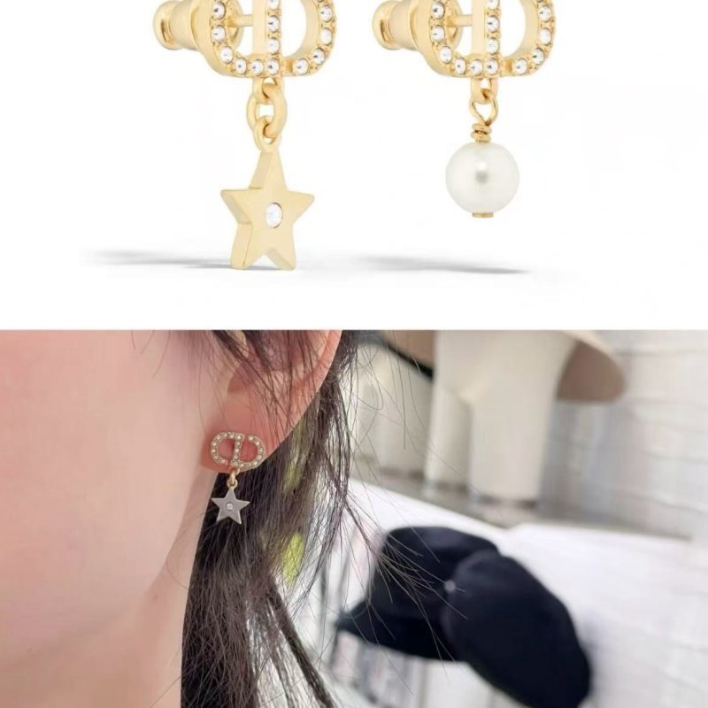 Dior Petit CD Star Pearl Drop Earrings earrings Gold-tone metal with clear crystals and white faux pearl One size stud length approx 1 5cm