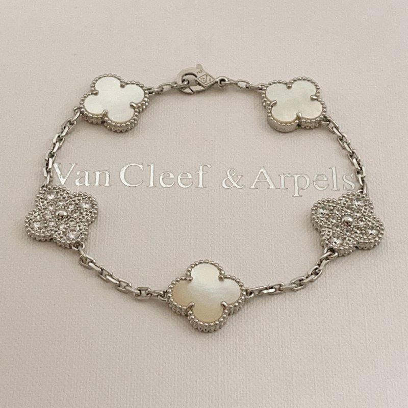Van Cleef Arpels Alhambra bracelet White gold metal with white mother-of-pearl and clear diamond accents 18cm