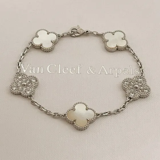 Van Cleef Arpels Alhambra bracelet White gold metal with white mother-of-pearl and clear diamond accents 18cm