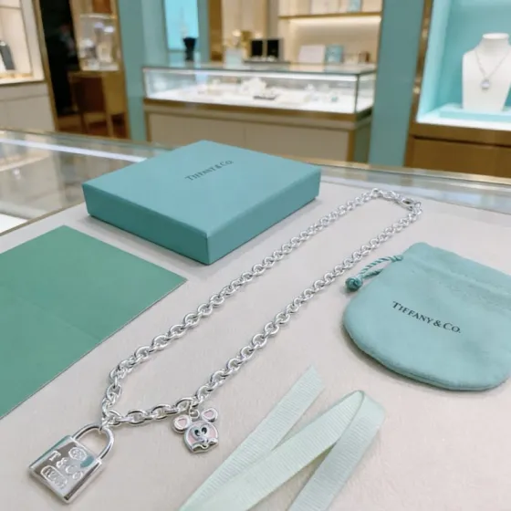 Tiffany Co 1837 Padlock Charm necklace Sterling silver with pink enamel charm accents 18 inches