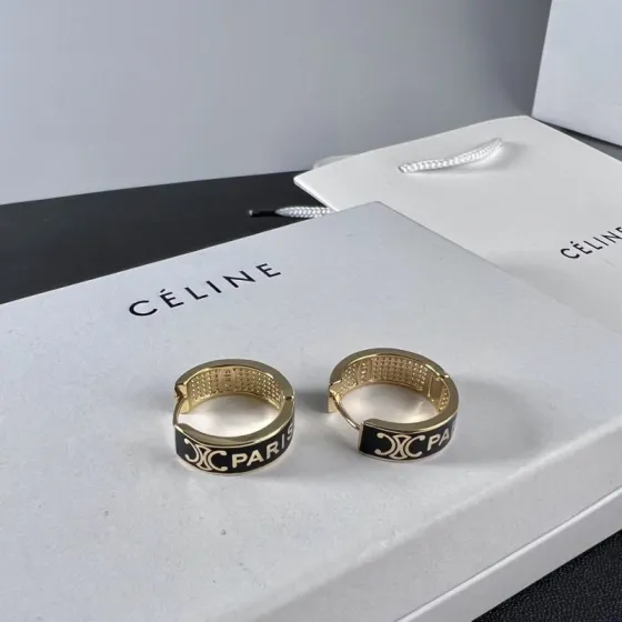 Celine Triomphe Paris Enamel Hoop earrings gold-tone metal with black enamel 20mm outer diameter