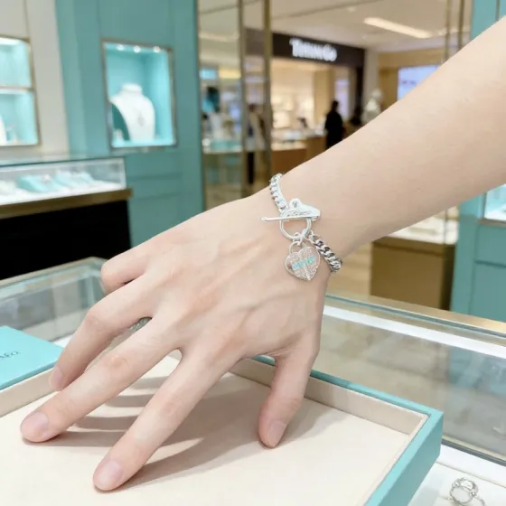 Tiffany Co Love You Heart Tag Toggle Curb Chain bracelet sterling silver with light blue enamel text accents 7 inches