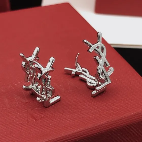 Saint Laurent YED0069 Cassandre Monogram earrings silver-toned metal with clear pave crystals 1 5cm stud length
