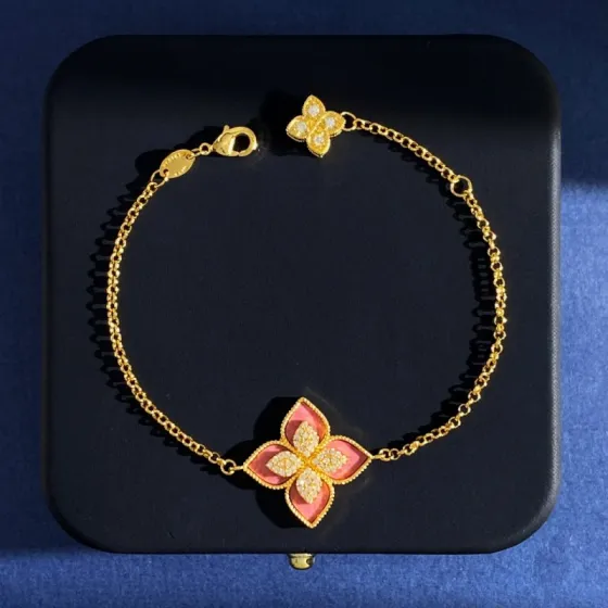 Roberto Coin Princess Flower bracelet Yellow gold with pink rhodonite and diamond accents 18cm