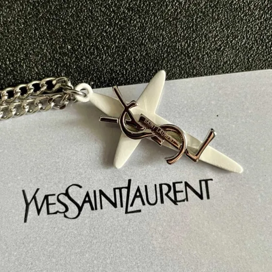 Saint Laurent Cassandre Cross Pendant Layered Necklace necklace Silver-tone and gold-tone metal white enamel cross pendant 45cm